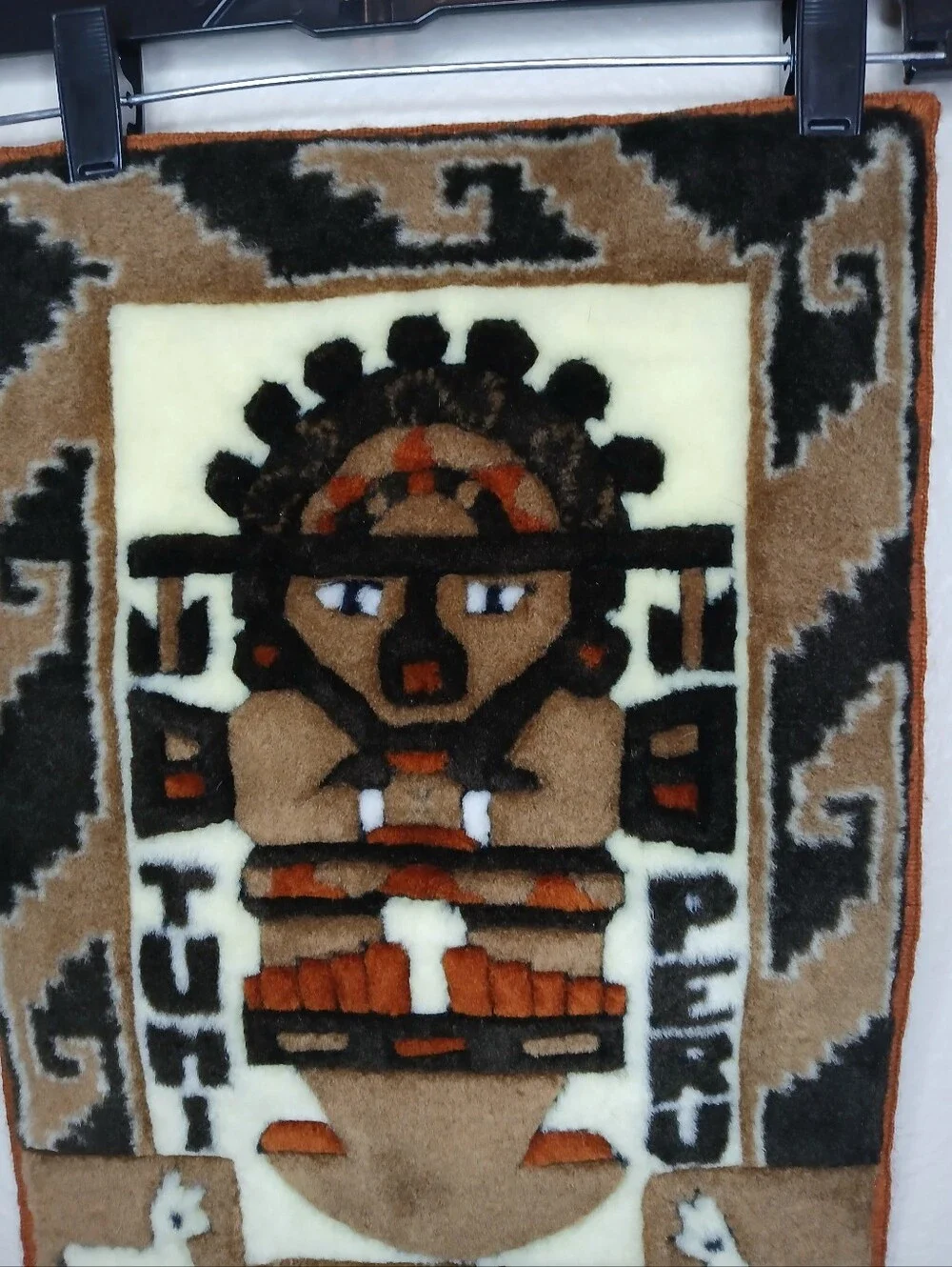 Vintage Peruvian Textile Wall Hanging with Tribal Figure - Brown & Cream